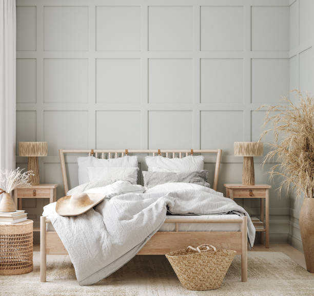 istock Home mockup, cozy bedroom interior in pastel colors 1437861620