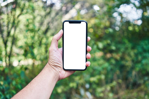 istock Man holding smartphone showing white blank screen at park 1437862683