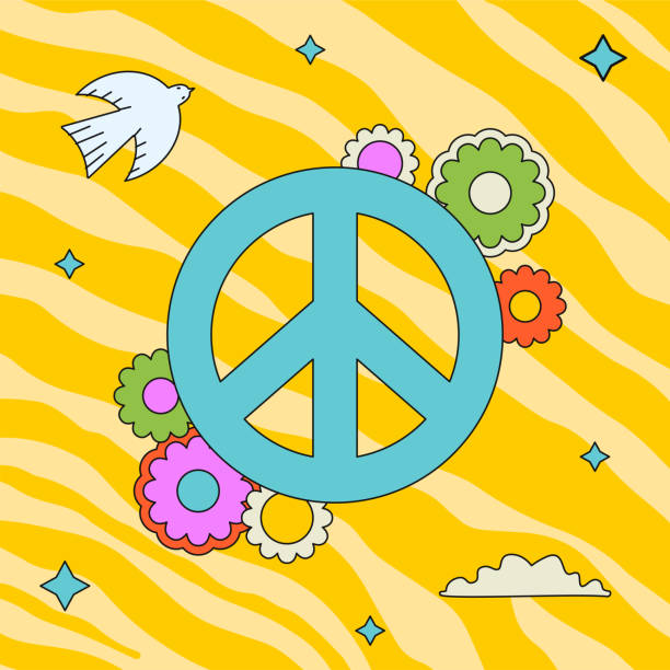 istock Colourful groovy illustration with pacificus sign and flowers. Hippy outlined sticker. 1437862767
