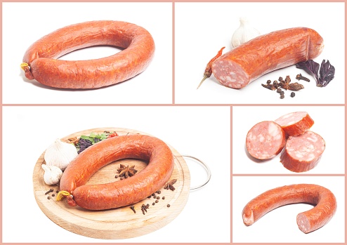 Collage with Krakow sausage isolated on white background.