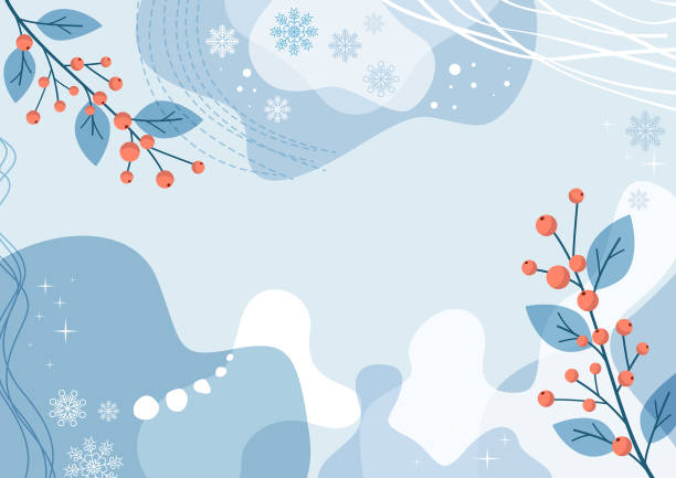 ilustraciones, imágenes clip art, dibujos animados e iconos de stock de fondo abstracto simplemente invernal con artes de línea natural. plantilla vectorial con copos de nieve y ramas ilex - invierno