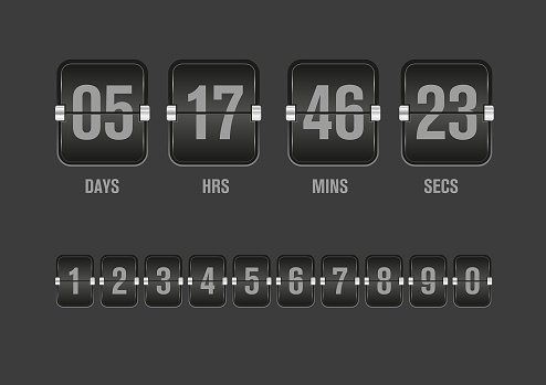 Flip countdown clock counter timer. Set numbers flip watch. Time remaining count down flip board with scoreboard of day, hour, minutes and seconds for upcoming event