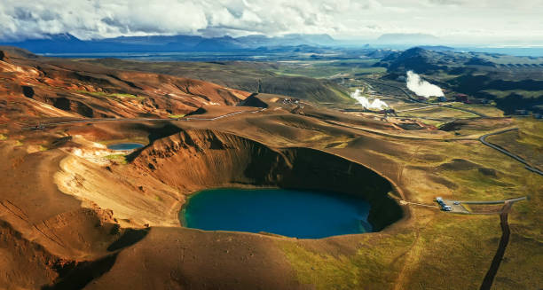 ariel view of krafla volcanic caldera, iceland - grímsvötn imagens e fotografias de stock