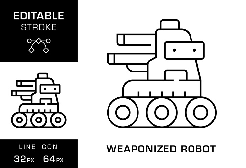Editable Stroke, Adjustable Color, Pixel Perfect, 32 pixel and 64 pixel Vector Line Icon Design of Military Robot. Military robots are autonomous robots or remote-controlled mobile robots designed for military applications, from transport to search & rescue and attack.