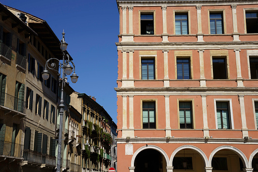 Treviso, Italy - July 6, 2022: Exterior of historic buildings in Treviso, Veneto, Italy