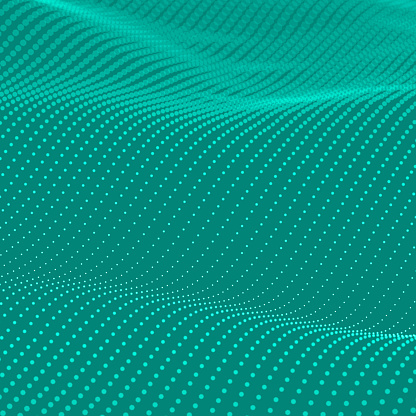 Teal background. Abstract bokeh dots waves. 3D illustration.