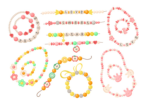 Beaded bracelets for kids vector illustrations set. Collection of cartoon drawings of bracelets from colorful beads with letters for children isolated on white background. Fashion, jewelry concept