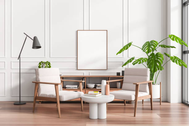 istock Stylish living room interior with sideaboard and decoration, mockup frame 1437872289