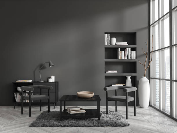 istock Stylish relax interior with armchairs and shelf, panoramic window. Mockup wall 1437872392