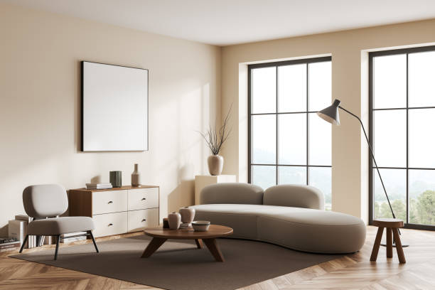 istock Light chill room interior with couch and dresser, window and mockup frame 1437872730