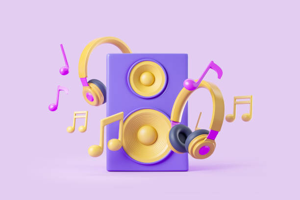 Speaker and headphones, colorful notes on purple background. Concept of music and listening. 3D rendering