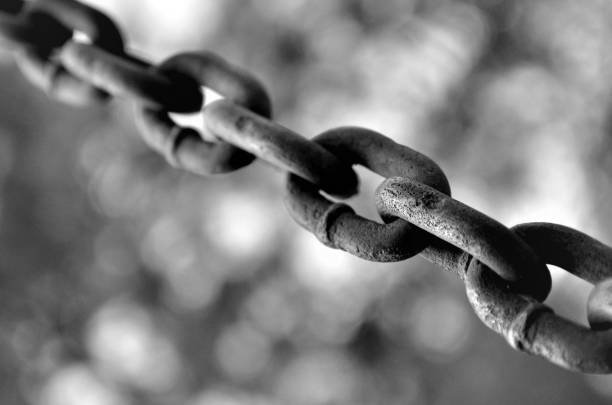 istock Grayscale shot of rustic metal chain on blurred background 1437873396