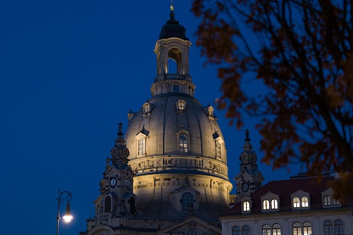 A Dresden Frauenkirche Lutheran church in Dresden, Germany, at night