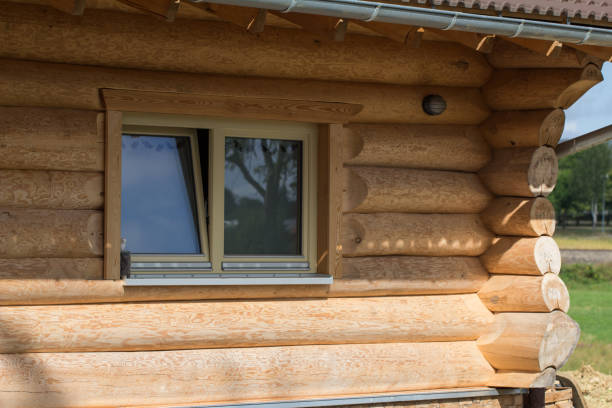 日中の居心地の良い丸太小屋の窓の接写 - wood window ストックフォトと画像