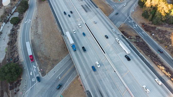 Santa Clarita, United States – October 29, 2021: An aerial view of the Interstate 5 freeway with lots of cars in Santa Clarita, California