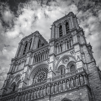 A grayscale shot of Notre-Dame de Paris in Paris, France