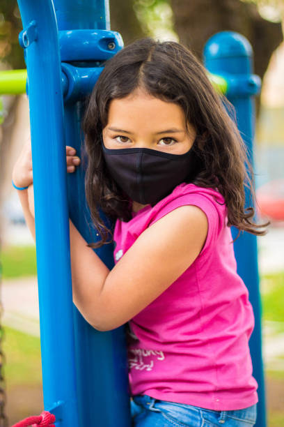 istock Adorable child wearing a facemask and playing in the playground 1437877579