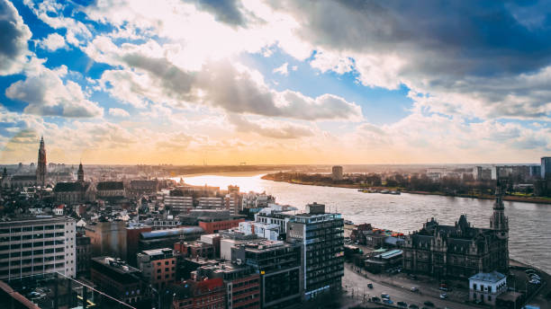 An aerial shot of  Antwerp Belgium