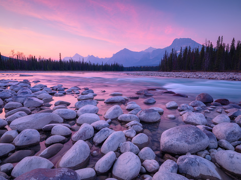 Banff National Park, Alberta, Canada. Landscape during sunrise. Round rocks on the riverbank. Mountains and forest. Vivid colours during dawn. Natural landscape.