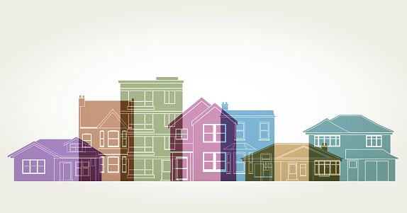Colourful overlapping silhouettes different house types for Property or Real Estate theme. accommodation, real estate, House sales, investment, mortgage, loan, development