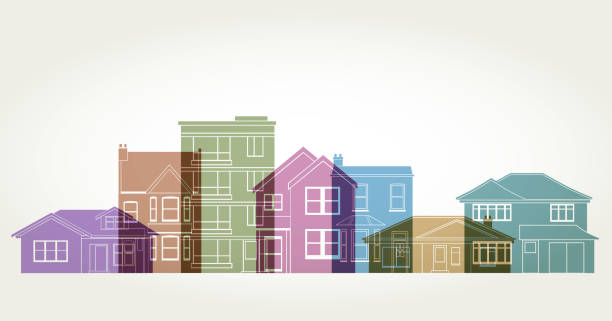 Houses or Real Estate Colourful overlapping silhouettes different house types for Property or Real Estate theme. accommodation, real estate, House sales, investment, mortgage, loan, development estate stock illustrations