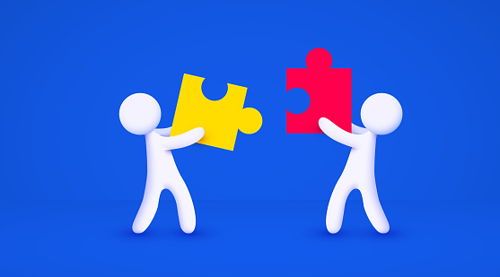 3d white people team assemble two color piece of a puzzle, isolated blue background. Vector illustration