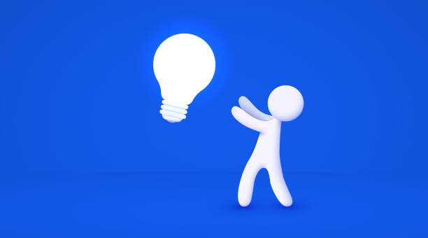 istock 3d white cartoon man holding big light bulb. Idea concept. Isolated blue background. 1437880067