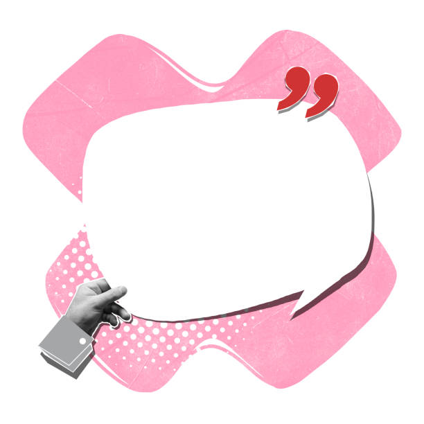 istock Human hands with white geometric shape speech bubble over light pastel color abstract background. Copy space for ad, text, design. Minimalist style collage 1437880862