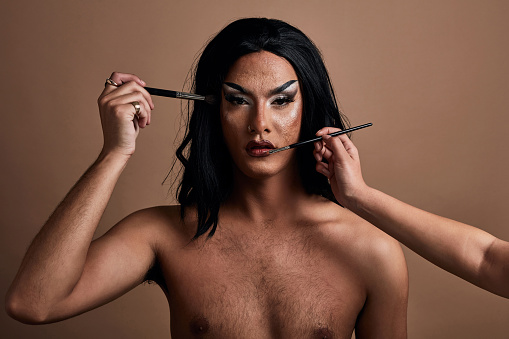 Makeup, beauty drag queen for equality in LGBT representation in fashion. Gay rights, portrait of lgbt model and pride cosmetics for positive lifestyle and global acceptance