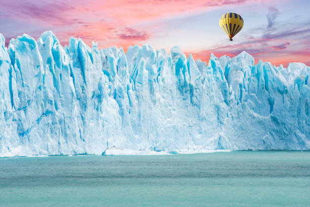 Balloon flying over Perito Moreno Glacier in Argentina stock photo