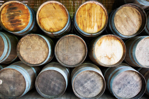 istock Wood stacked wine barrels 1437884056