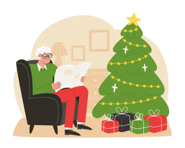 Vector illustration of Elderly man sits in a armchair near Christmas tree and reads a newspaper