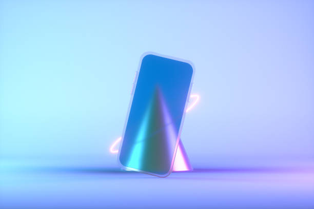 istock Smart phone mobile application presentation mockup neon lighting background with geometric shapes 1437885397