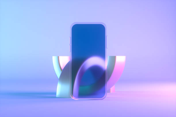 istock Smart phone mobile application presentation mockup neon lighting background with geometric shapes 1437885680