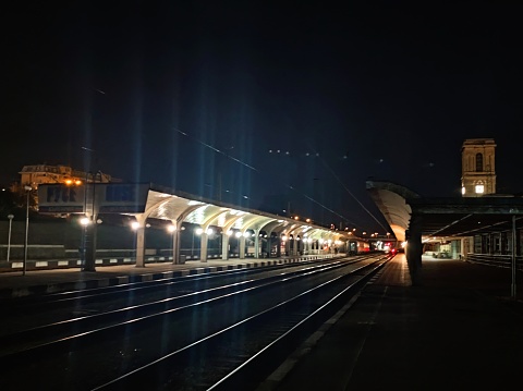 Night photo of the biggest train station on the balkans. Ruse (Rousse), Bulgaria.