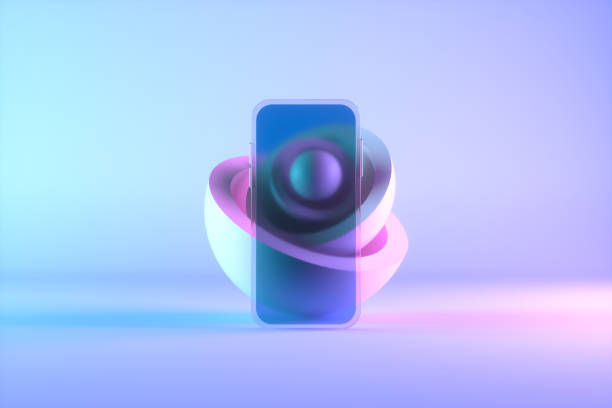 istock Smart phone mobile application presentation mockup neon lighting background with geometric shapes 1437885792