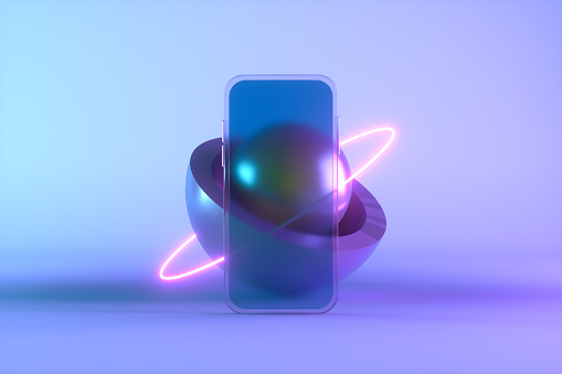 Smart phone mobile application presentation mockup neon lighting background with geometric shapes, 3d render.