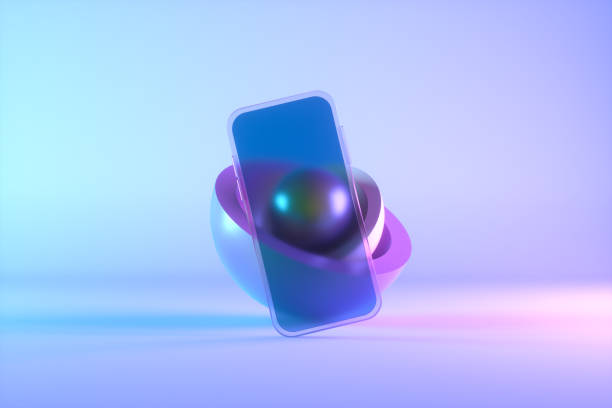 istock Smart phone mobile application presentation mockup neon lighting background with geometric shapes 1437886410