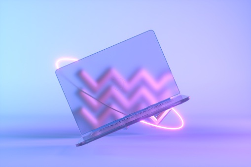 Blank screen glass laptop neon lighting background with geometric shapes, 3d render.