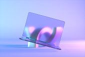 Blank screen glass laptop neon lighting background with geometric shapes