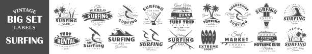 ilustraciones, imágenes clip art, dibujos animados e iconos de stock de conjunto de etiquetas de surf vintage - tabla-de-surf
