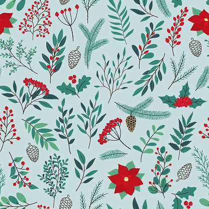 Hand drawn seamless pattern of poinsettia, leaves, branches, berries, holly. Winter floral cozy collection. Christmas decorative illustration for greeting card, wallpaper, wrapping paper, fabric