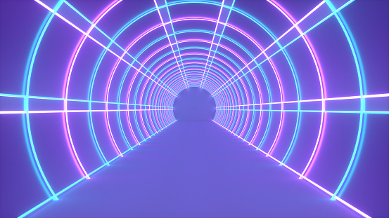 3d rendering of empty room tunnel corridor with neon lights abstract futuristic background, 3d render.