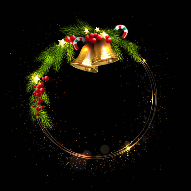 izolowany okrągły wieniec świąteczny ze złotymi dzwoneczkami na czarnym wzorze - pine tree flash stock illustrations