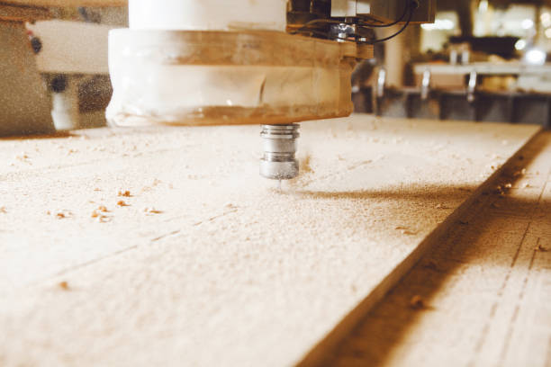 istock Cnc machine working, cutting wood. Woodwork industry. 1437889234