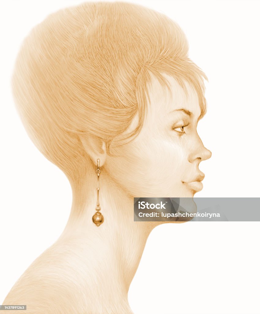 Illustration Pencil Drawing Portrait Profile Of A Young Woman With Long Hair  Smooth Hairstyle Pearl Earrings In Sepia Stock Illustration - Download  Image Now - iStock