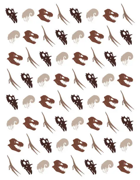Vector illustration of Vector seamless pattern with brown silhouettes of prehistoric dinosaurs and fossils. Mollusk or ammonite, triceratops or spiclypeus, Tyrannosaurus rex and pterodactyl.