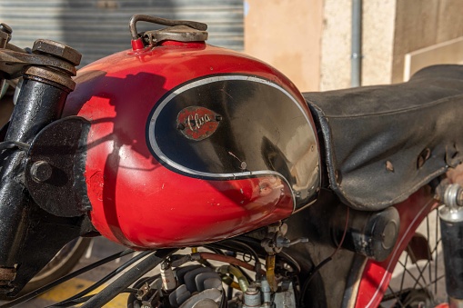 Felanitx, Spain; october 23 2022: Annual paprika fair in the Majorcan town of Felanitx. Street exhibition of classic motorcycles. Exhibition of Clua motorcycles