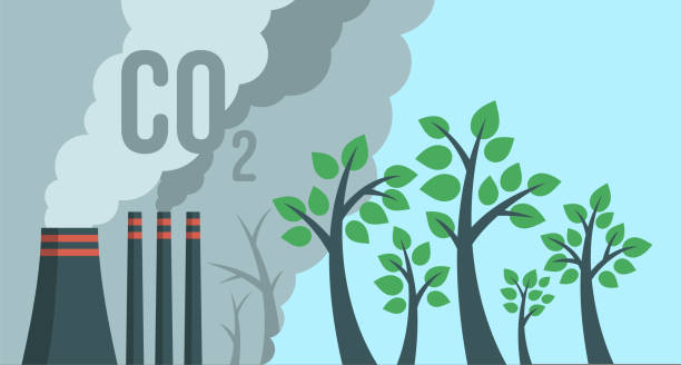 выбросы co2 - дымоход с мертвыми деревьями - toxic substance fumes environment carbon dioxide stock illustrations