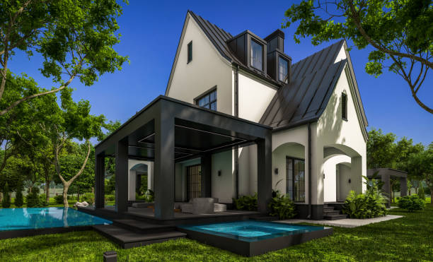 istock 3d rendering of white and black modern Tudor house 1437895297
